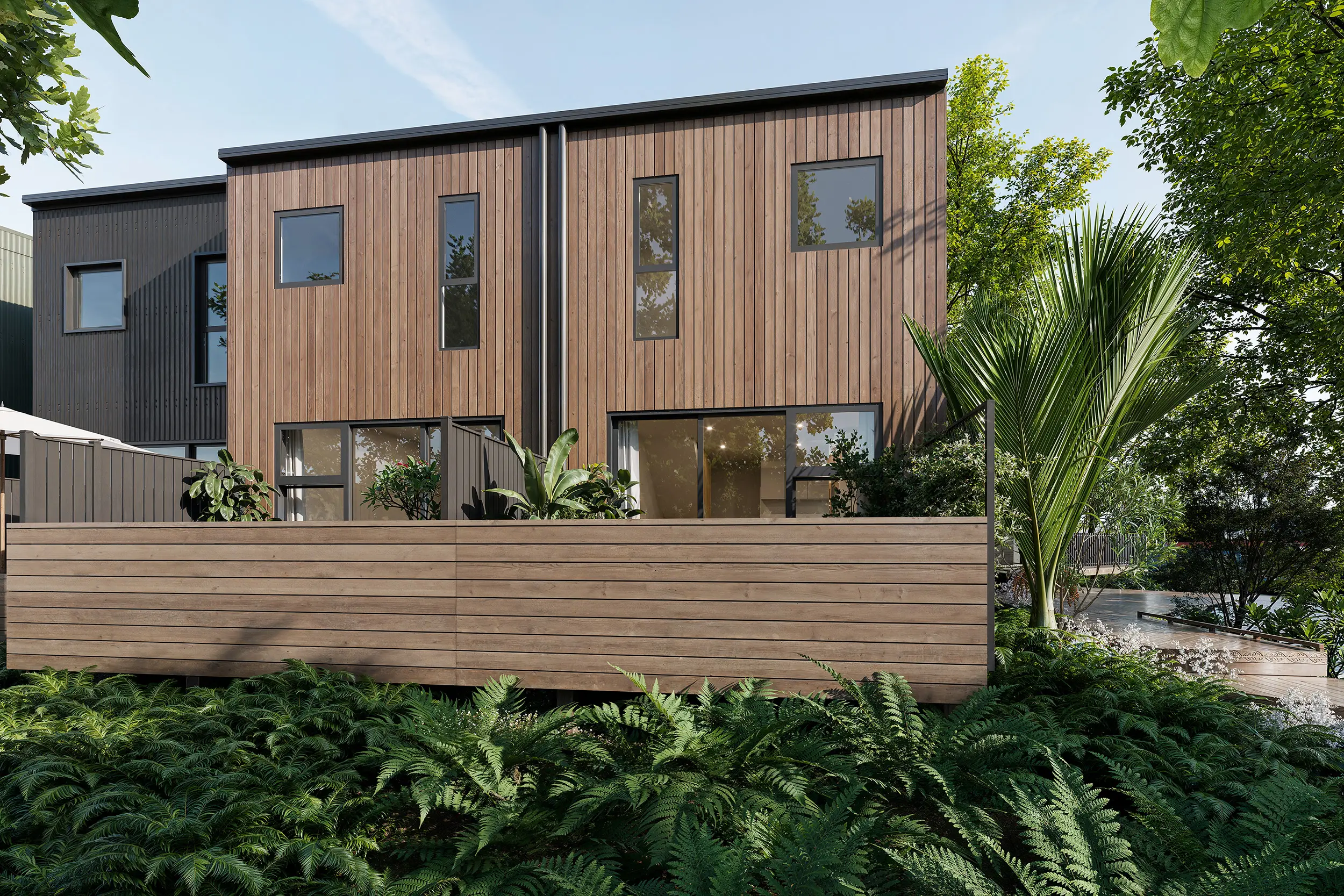 Architectural exterior render of terraced townhouses with pitched roof forms and timber fences
